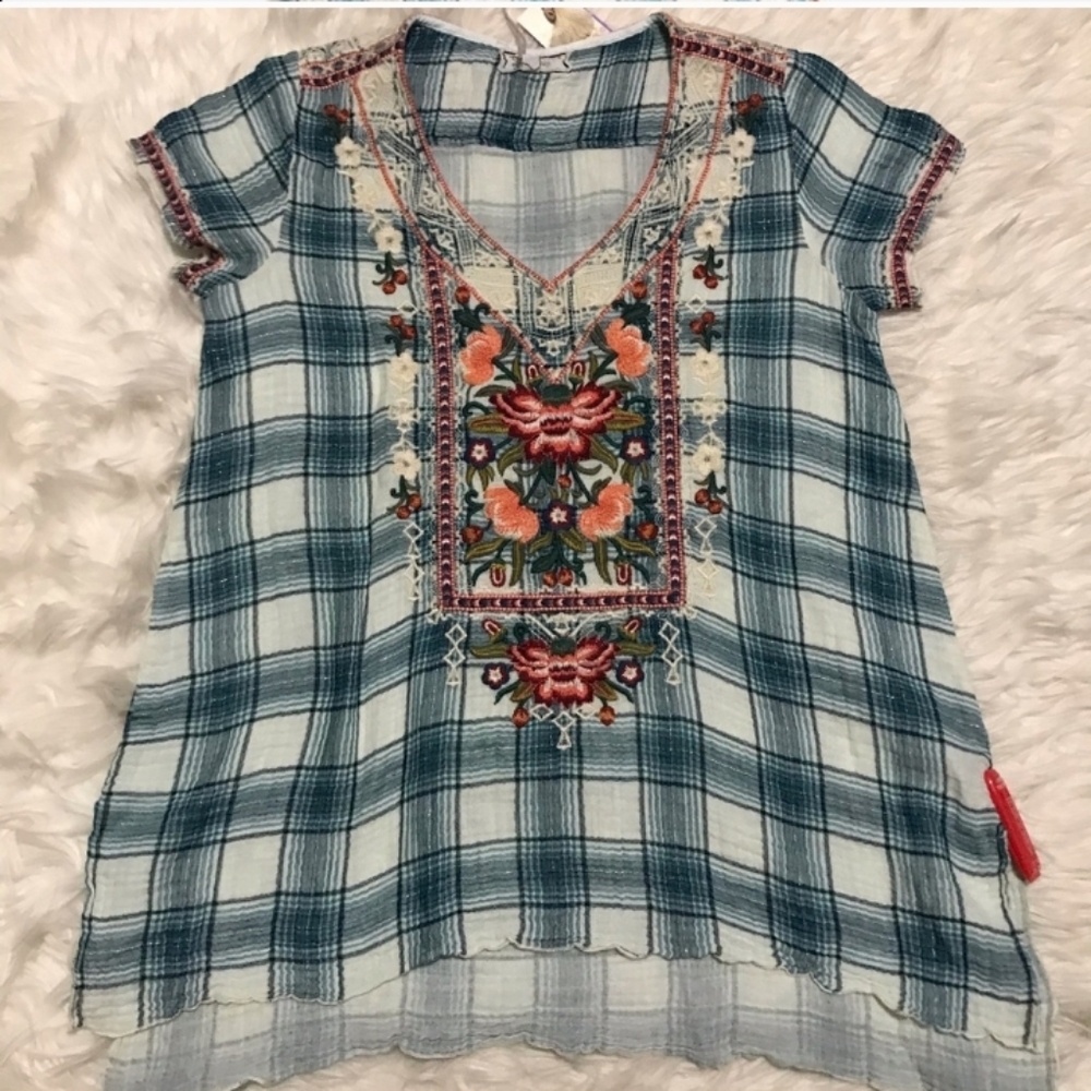 Plaid embroidered julienne drape top by Johnny Was - Picture 4 of 7